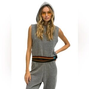 NWT Aviator Nation Logo Stripe Sleeveless Pullover Hoodie Heather Grey Size M